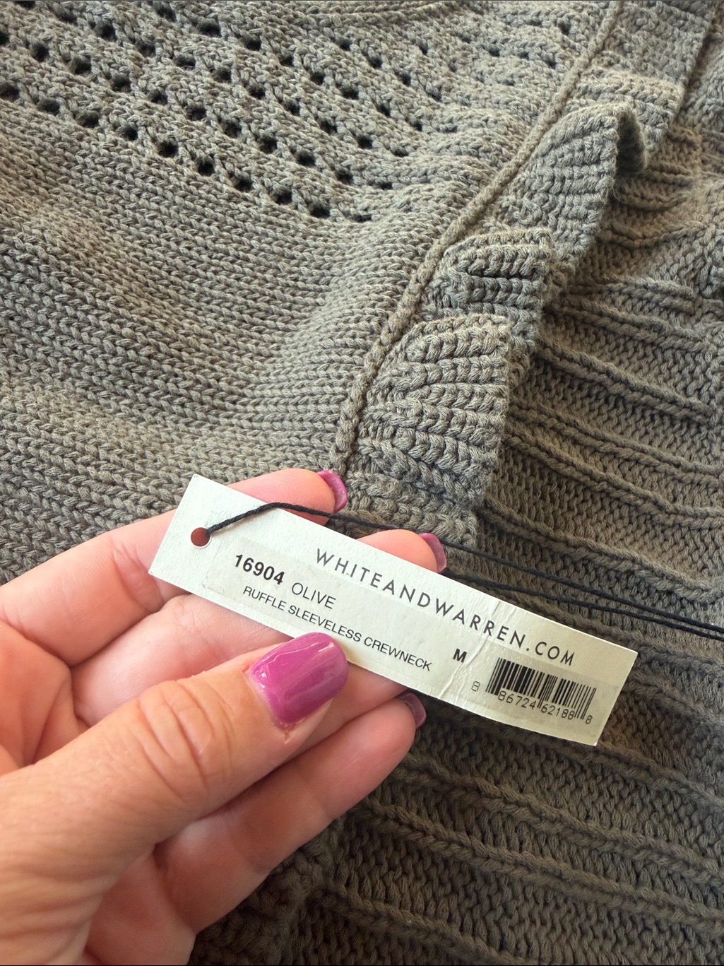 White + Warren Ruffle Sleeveless Knit Top Olive Green Medium Nwt — image 3 of 5